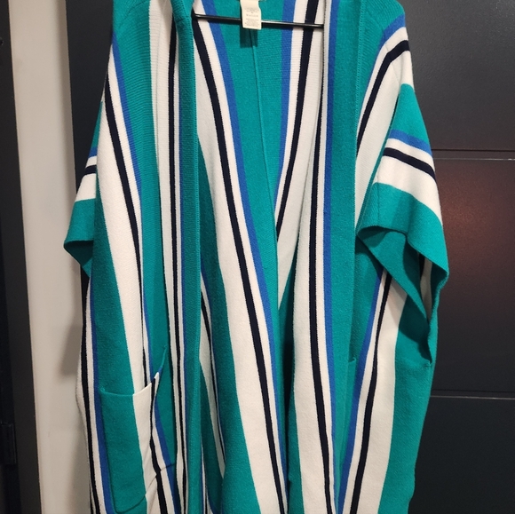 Striped Open-Front Hooded Cardigan in Teal, White & Blue Free People Nwt OSFA - Picture 3 of 3